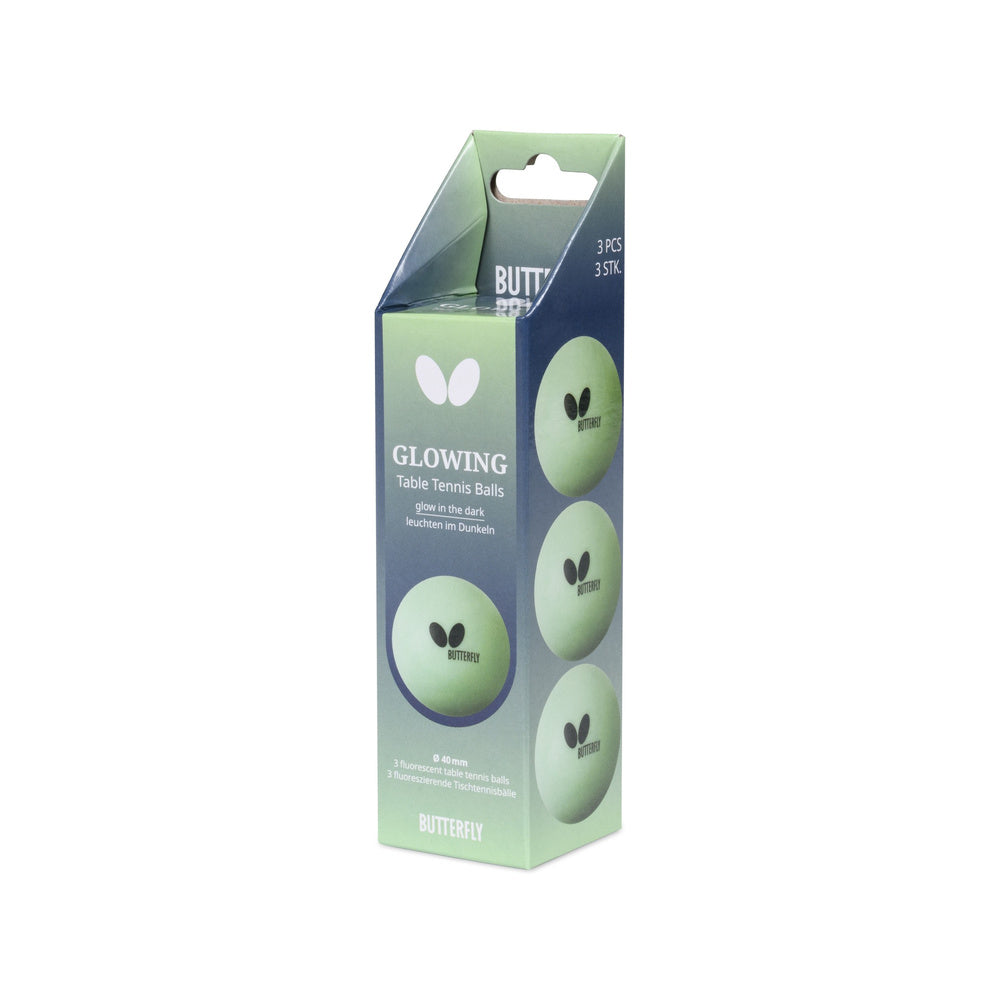 Butterfly Glowing Tischtennisbälle im 3er-Pack mit grün-blauer Verpackung