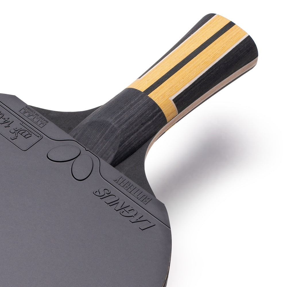 Butterfly Timo Boll Force Detail des schwarzen Lagnus-Belags und der Griffrückseite