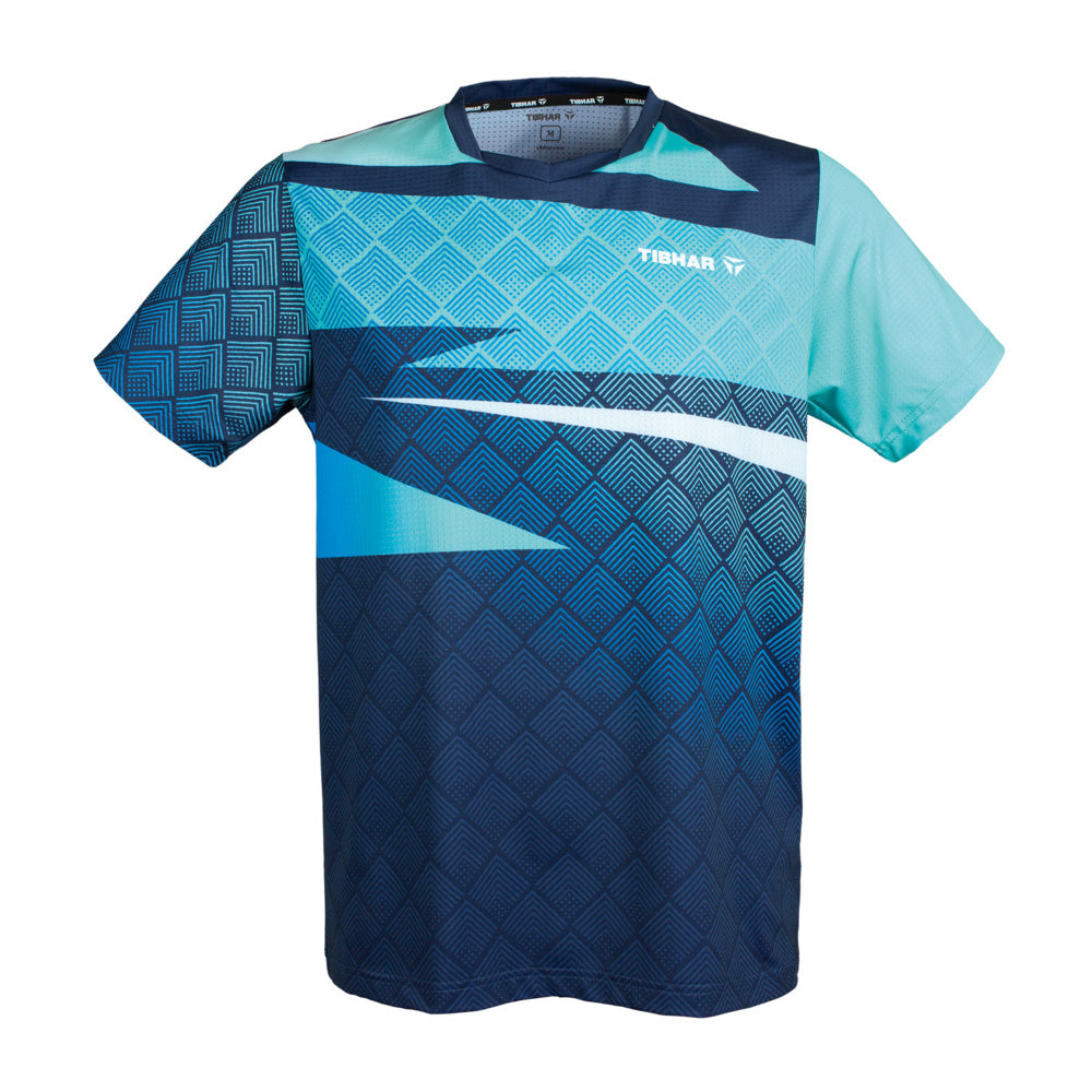 Tibhar Shirt Corner (2026) in marine/türkis, Vorderansicht mit V-Ausschnitt und geometrischem Muster