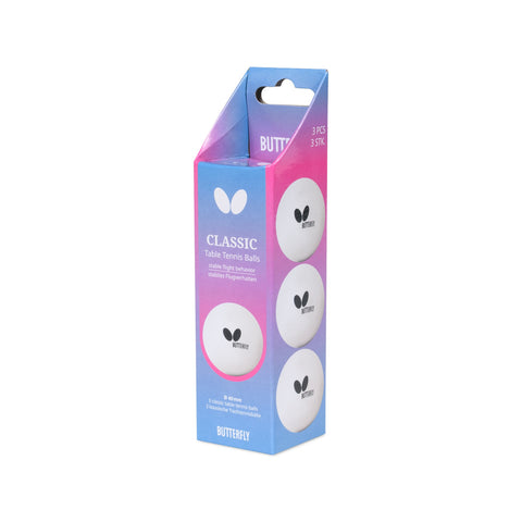 Butterfly Classic Tischtennisbälle in blau-pinker Verpackung, weißes 3er-Pack mit 40 mm Durchmesser