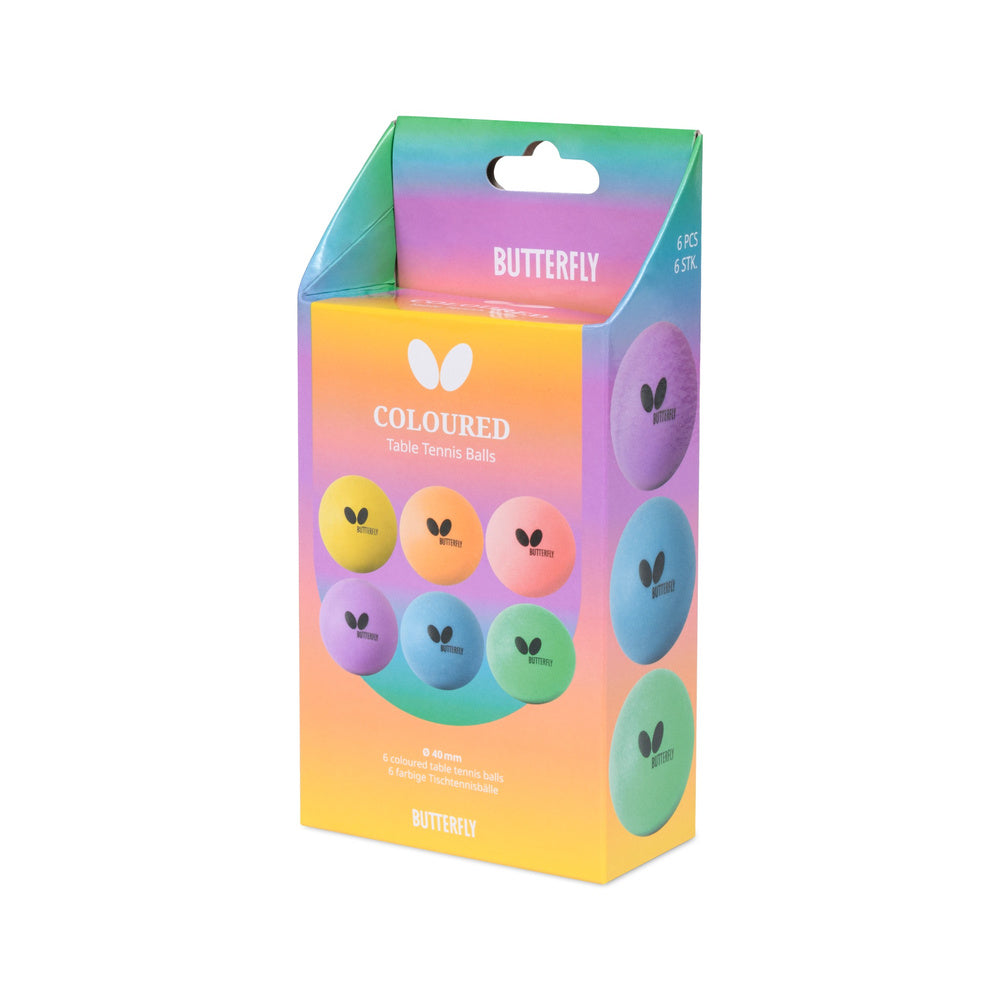 Butterfly Coloured Tischtennisbälle in bunter Verpackung, 6er-Pack