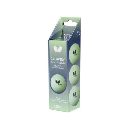 Butterfly Glowing Tischtennisbälle im 3er-Pack mit grün-blauer Verpackung