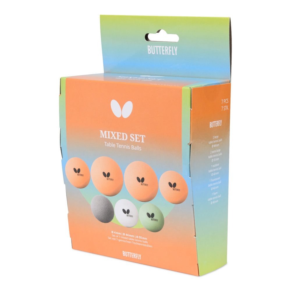 Butterfly Mixed Set in bunter Verpackung mit sieben Tischtennisbällen in verschiedenen Größen und Ausführungen