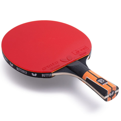Butterfly Timo Boll Comfort Kid mit rotem Belag und orange-schwarzem Kindergriff aus seitlicher Perspektive