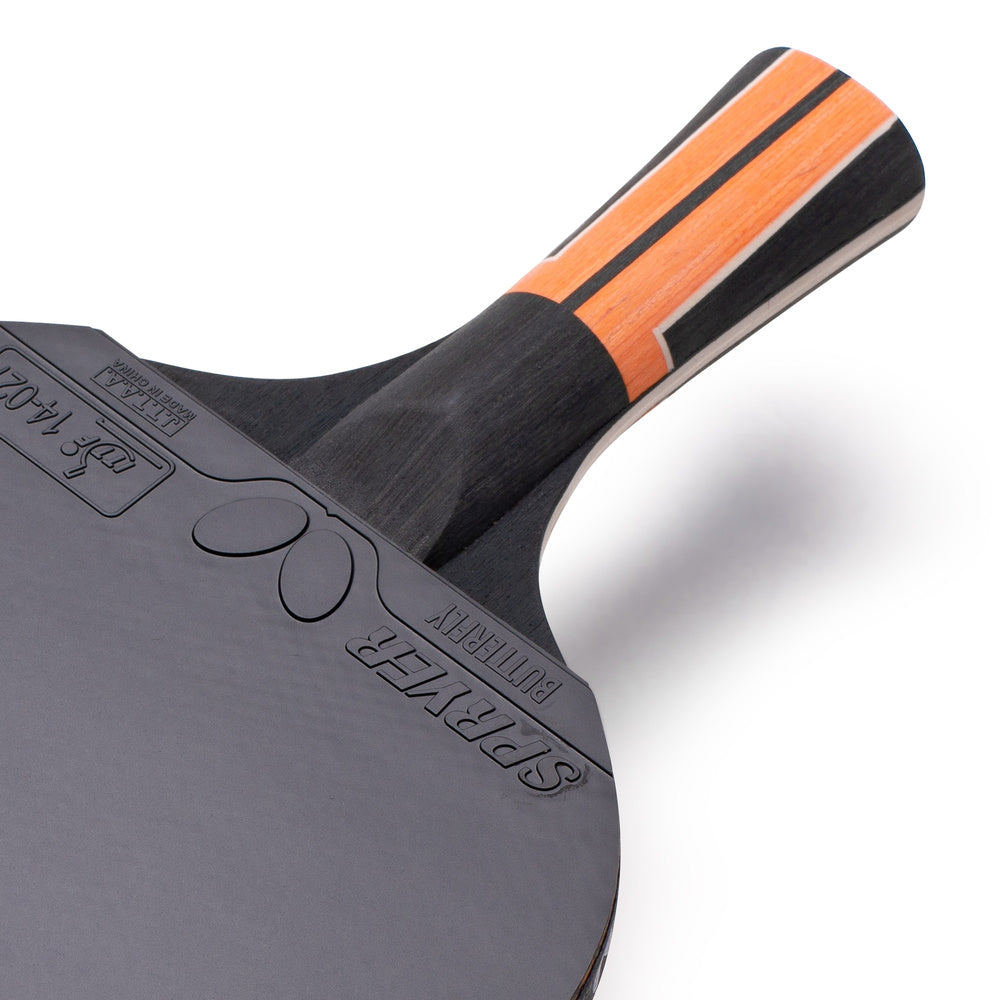 Butterfly Timo Boll Comfort Kid Detail des schwarzen Spryer-Belags und der Griffrückseite