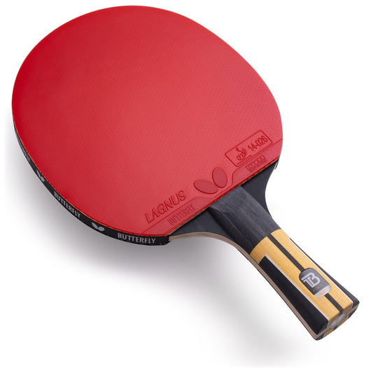 Butterfly Timo Boll Force Komplettschläger mit rotem Lagnus-Belag in Schrägansicht