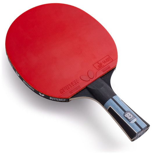 Butterfly Timo Boll Progress Komplettschläger mit rotem Spryer-Belag in Schrägansicht