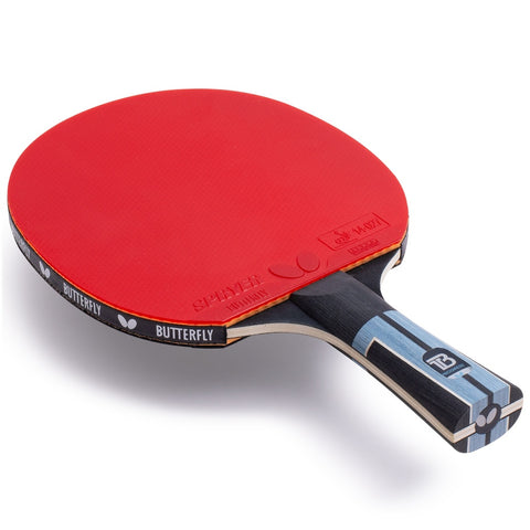 Butterfly Timo Boll Progress mit rotem Belag und blau-schwarzem Griff aus seitlicher Perspektive