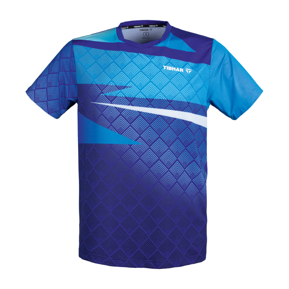 Tibhar Shirt Corner (2026) in royalblau/hellblau, Vorderansicht mit V-Ausschnitt und geometrischem Muster