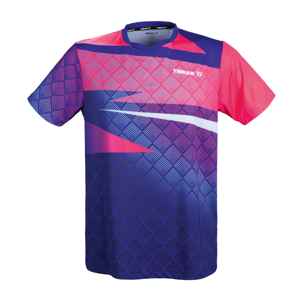 Tibhar Shirt Corner (2026) in royalblau/pink, Vorderansicht mit V-Ausschnitt und geometrischem Muster
